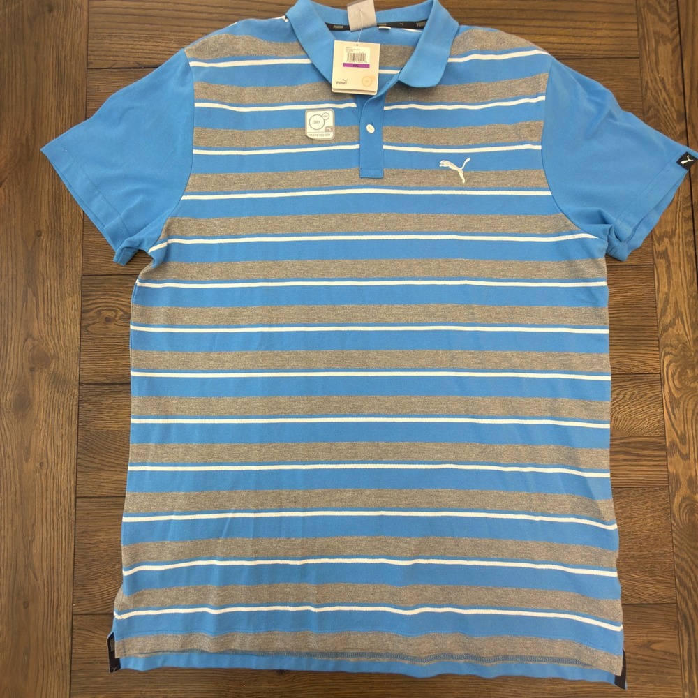 Puma Mens Race Stripe Pique Polo French Blue Grey Striped Dry Cell XXL New - Picture 1 of 10